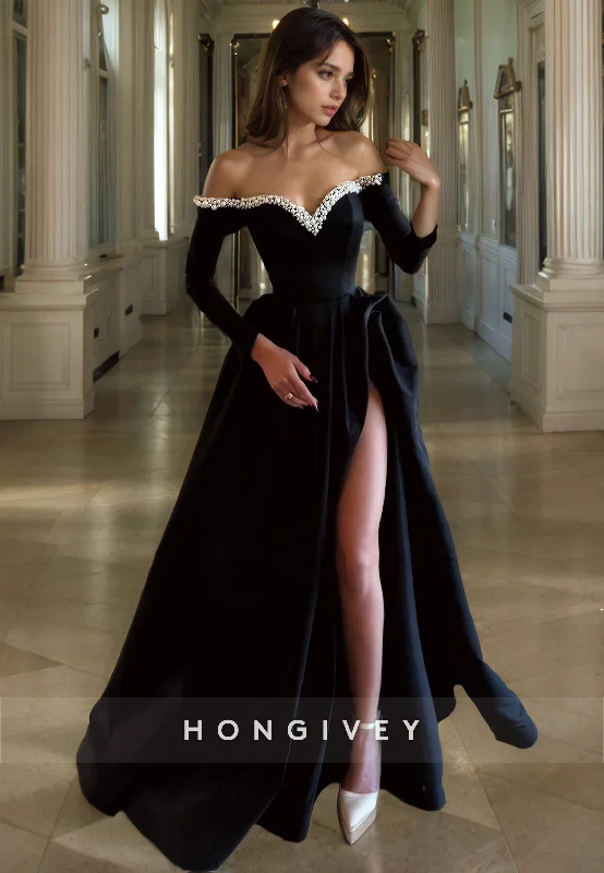 Mega Sale L2042 - Sexy Satin A-Line Off-Shoulder Long Sleeve Empire Beaded With Side Slit Party Prom Evening Dress