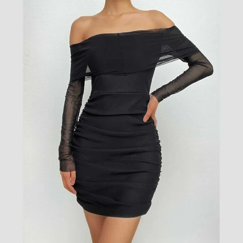 Daily Deals BerryBetty - Mesh off shoulder solid long sleeve ruched mini dress