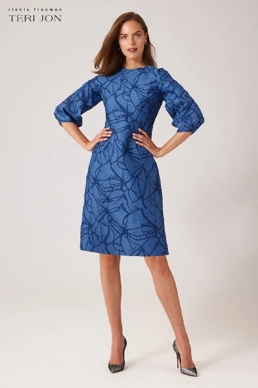 Deal Mania Balloon Sleeve Jacquard A-Line Dress