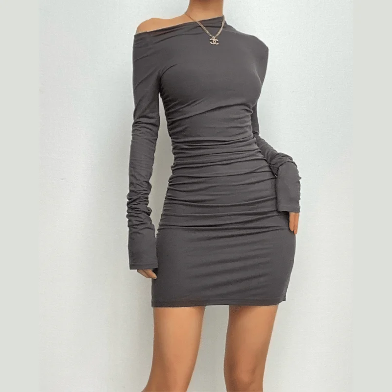 Best Bargains BerryBetty - Off shoulder long sleeve ruched backless solid mini dress