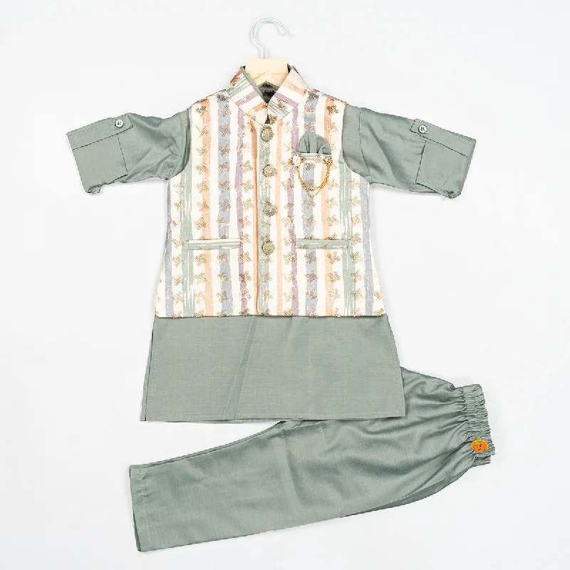 Don't Wait Green & Purple Printed Boys Kurta Pajama