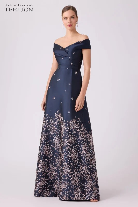 Major Savings Jacquard Floral Border Cuff Bodice Gown