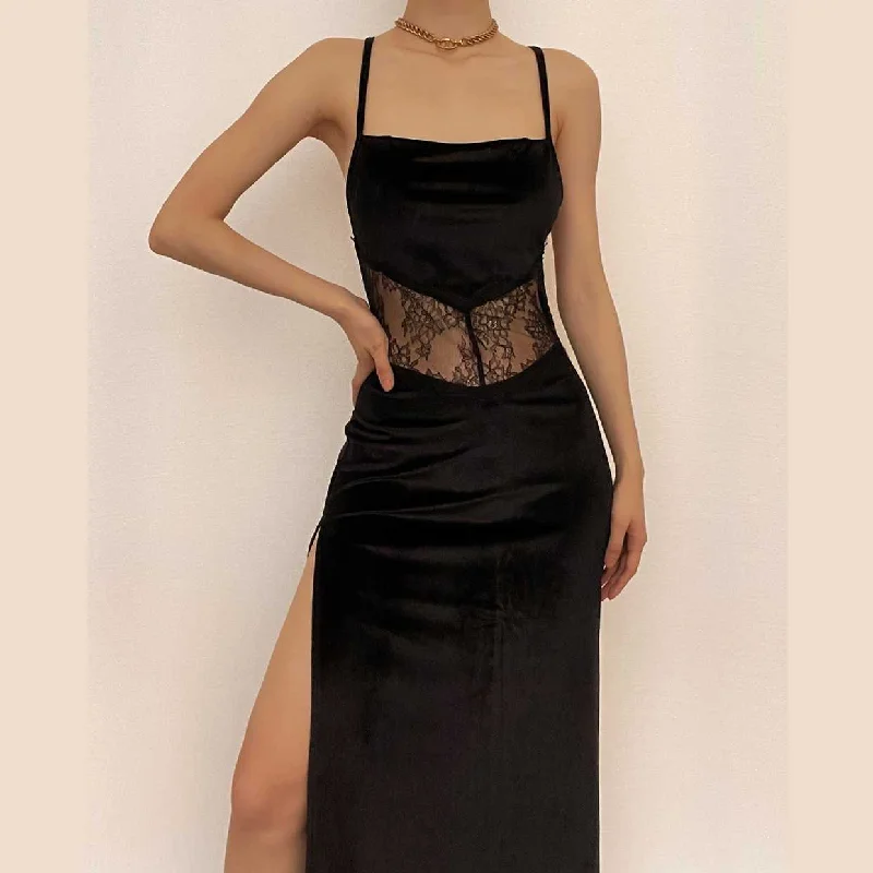 Quick Sale BerryBetty - Cowl neck lace hem slit backless velvet cross back midi dress
