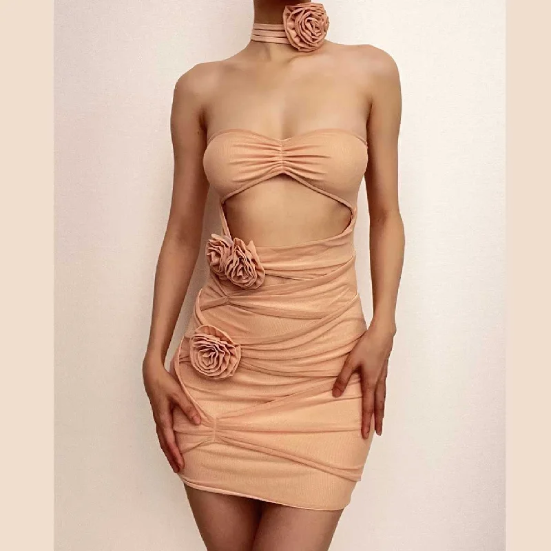 Holiday Sale BerryBetty - Sheer mesh hollow out flower applique zip-up solid tube mini dress