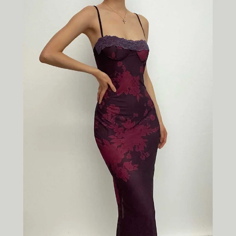 New Markdowns BerryBetty - Lace hem contrast flower pattern slit cami midi dress