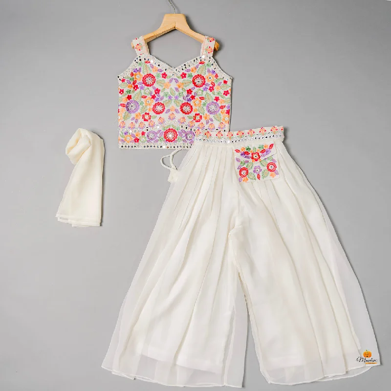 Super Sale White Floral Pattern Palazzo Suit for Girls