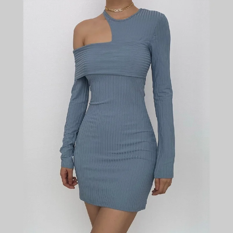 Seasonal Sale BerryBetty - Irregular off shoulder ribbed solid ribbed long sleeve mini dress