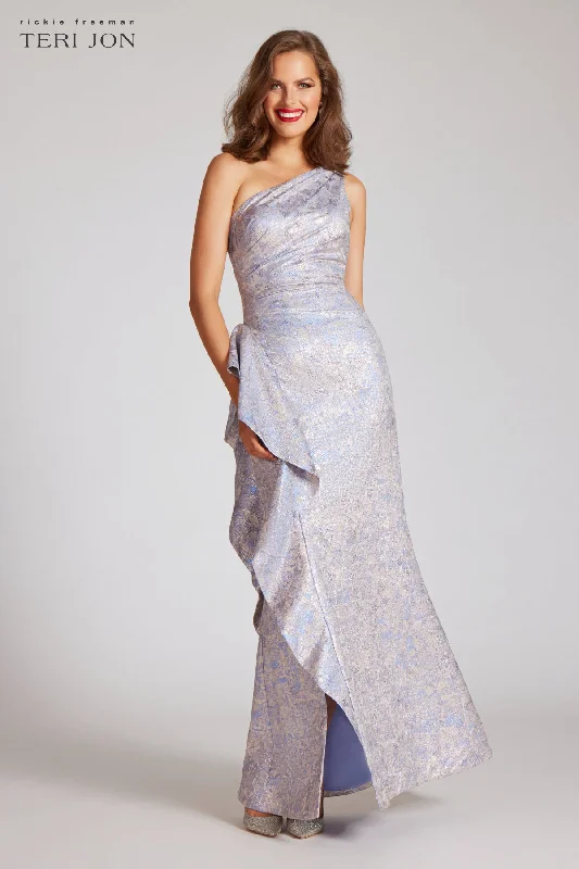 Stock Up and Save One Shoulder Side Ruffle Jacquard Gown