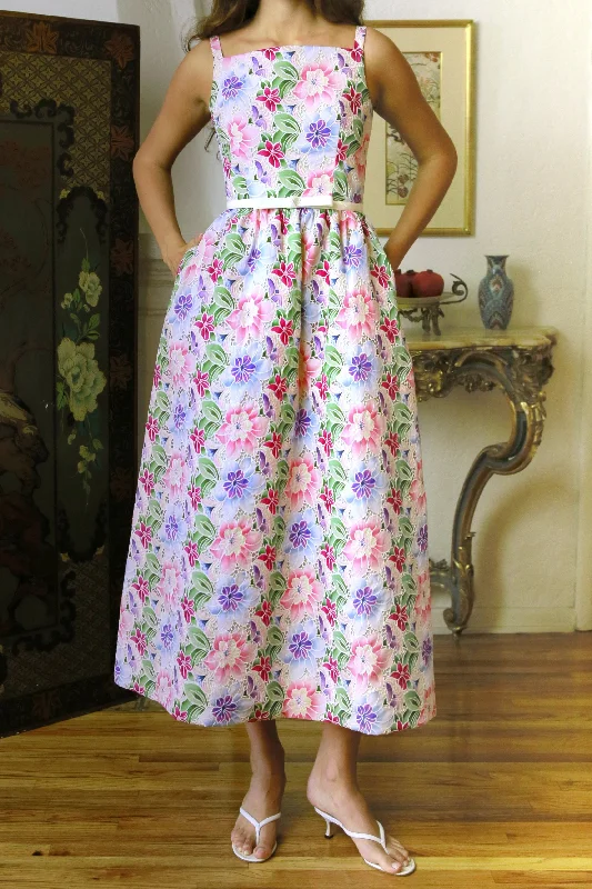 Limited Stock Square Neck Full Skirt in Multi Colored Italian Cotton Eyelet