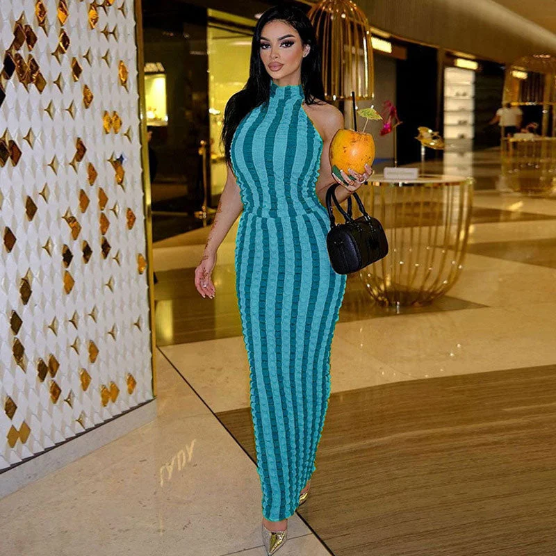 YEAR-End Sale BerryBetty - Popcorn Striped High Neck Sleeveless Bodycon Maxi Dress - Blue YEAR-End Sale BerryBetty - Popcorn Striped High Neck Sleeveless Bodycon Maxi Dress - Blue