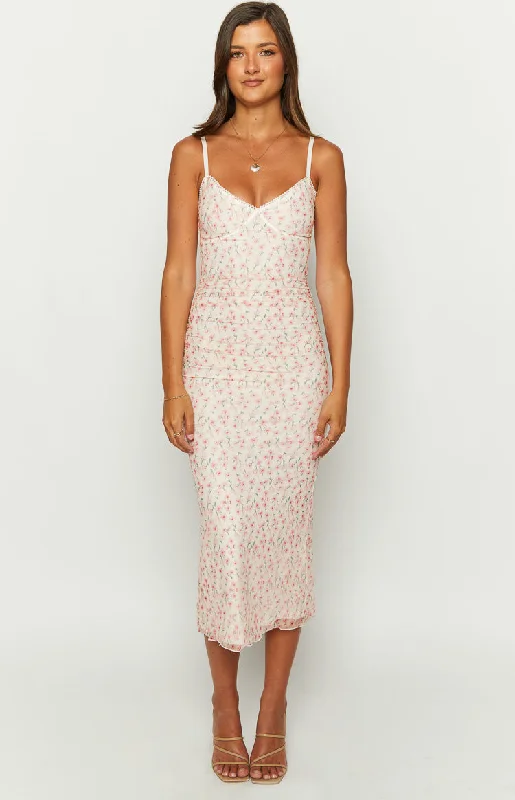 Amazing Deals Capri Pink Floral Mesh Midi Dress