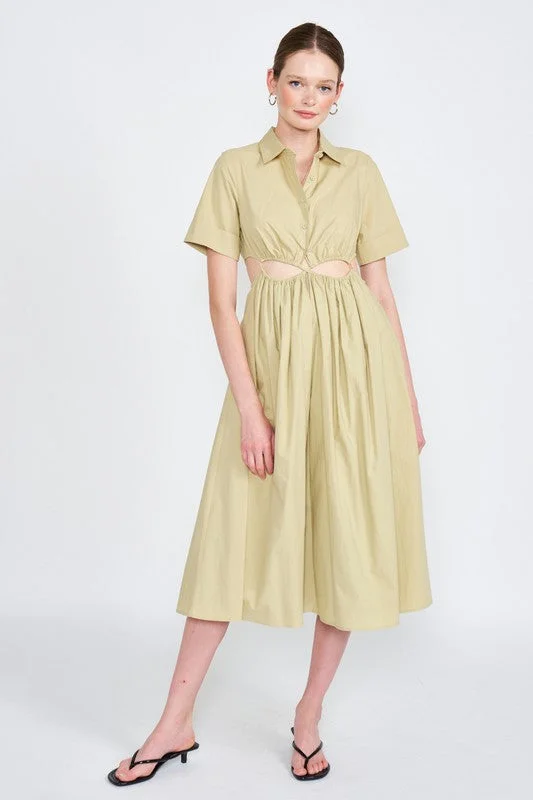 Seasonal Clearance BUTTON UP COLLARED MIDI DRESS