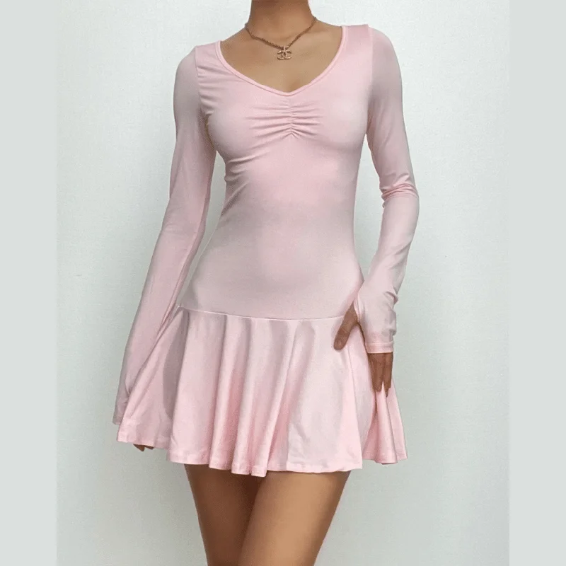 Special Discount BerryBetty - Ruched long sleeve v neck solid gloves ruffle mini dress