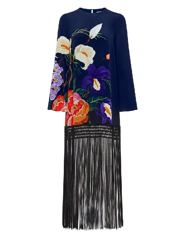 Price Cut Daphne Crepe Mini Dress in Tree Of Life Navy