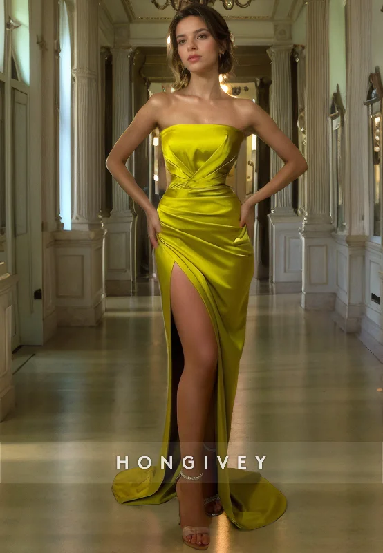 Incredible Offers L0955 - Simple Strapless High Slit With Train Evening Party Prom Dress Incredible Offers L0955 - Simple Strapless High Slit With Train Evening Party Prom Dress