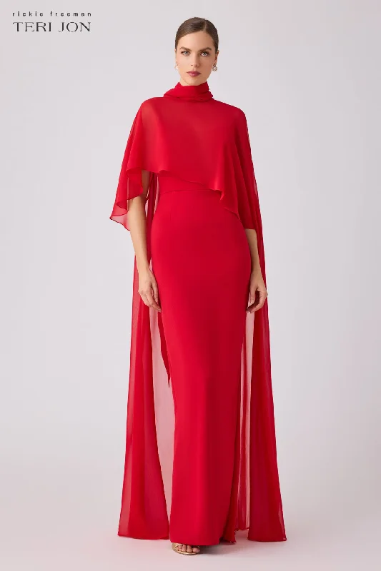 Don't Wait Crepe Slip Bodice Gown With Chiffon Cape Overlay