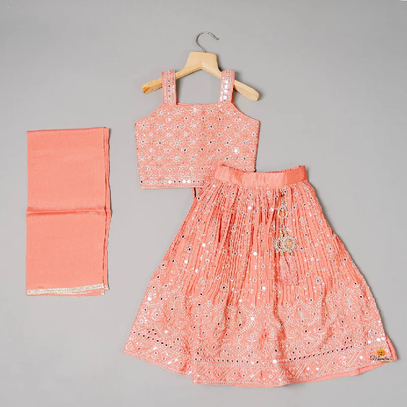 Act Now Peach Mirror Work Lehenga Choli for Girls