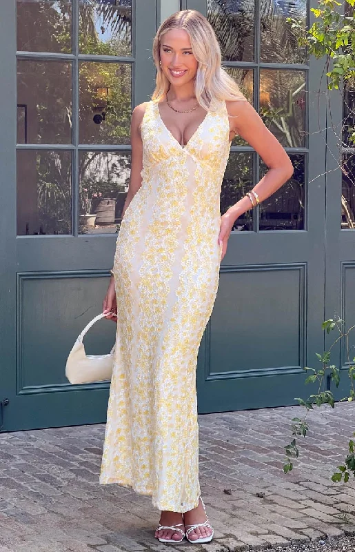 New Deals Farida Yellow Lace Maxi Dress