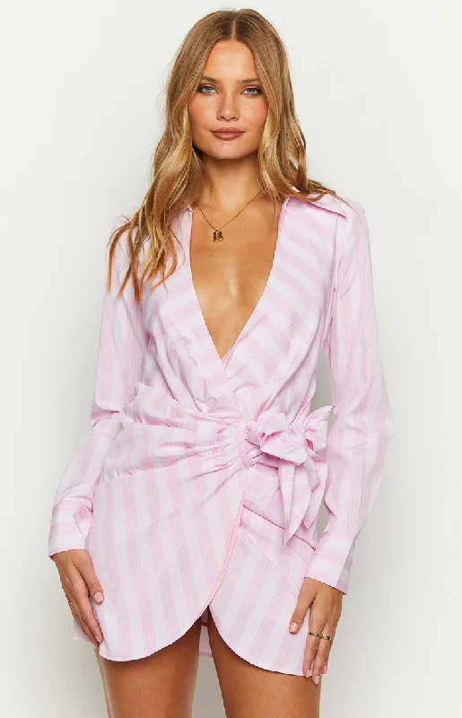 Special Promotion Holly Pink Stripe Tie Up Shirt Mini Dress