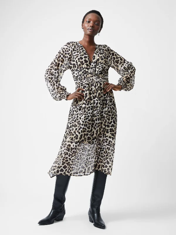 Savings Alert Leopard Print Georgette Long Sleeve Dress