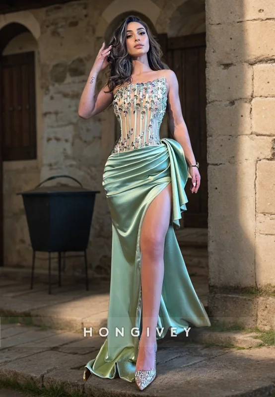 New Markdowns L1268 - Crystal Beaded Strapless With Train And Slit Evening Prom Formal Party Dress