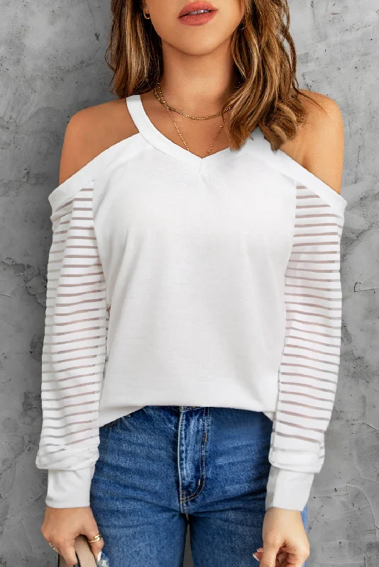 New Markdowns Cold-Shoulder Sheer Striped Sleeve Top