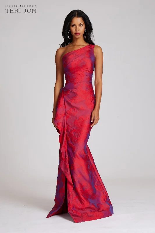 Price Slash Jacquard One Shoulder Ruched Side Peplum Print Gown
