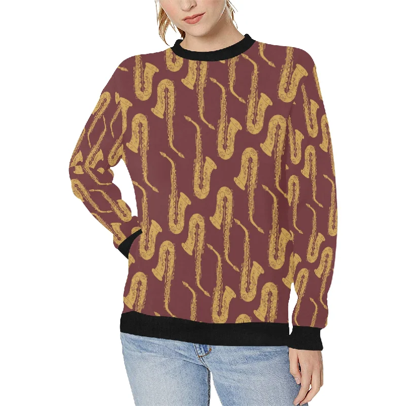 Hand drawn gold saxophone red background Women's Crew Neck Sweatshirt