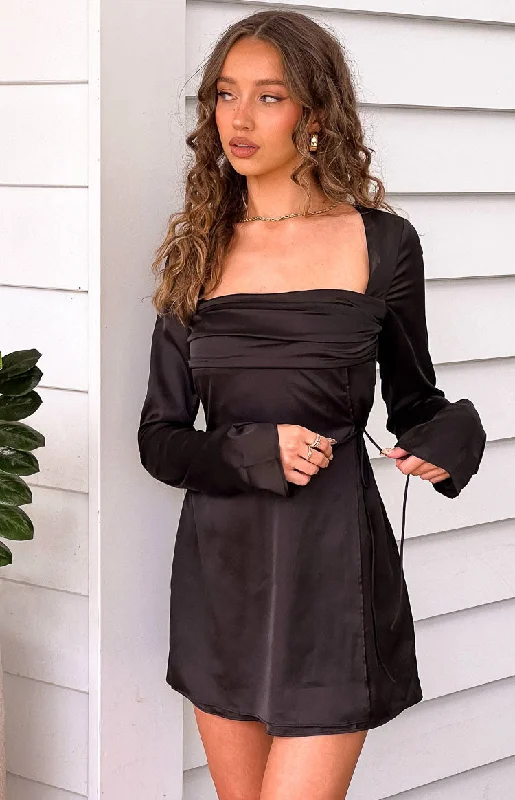 Super Sale Lucy Black Satin Long Sleeve Mini Dress