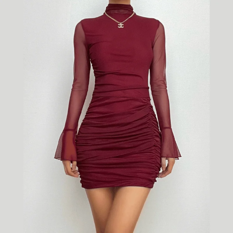 Early Bird Discount BerryBetty - Mesh solid long sleeve turtle neck ruched zip-up mini dress