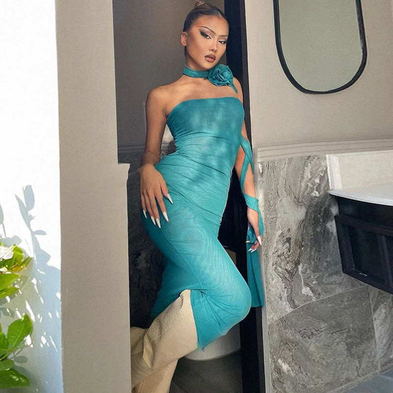 Act Now BerryBetty - 3D Floral Choker Detail Strapless Bodycon Party Midi Dress - Turquoise Act Now BerryBetty - 3D Floral Choker Detail Strapless Bodycon Party Midi Dress - Turquoise