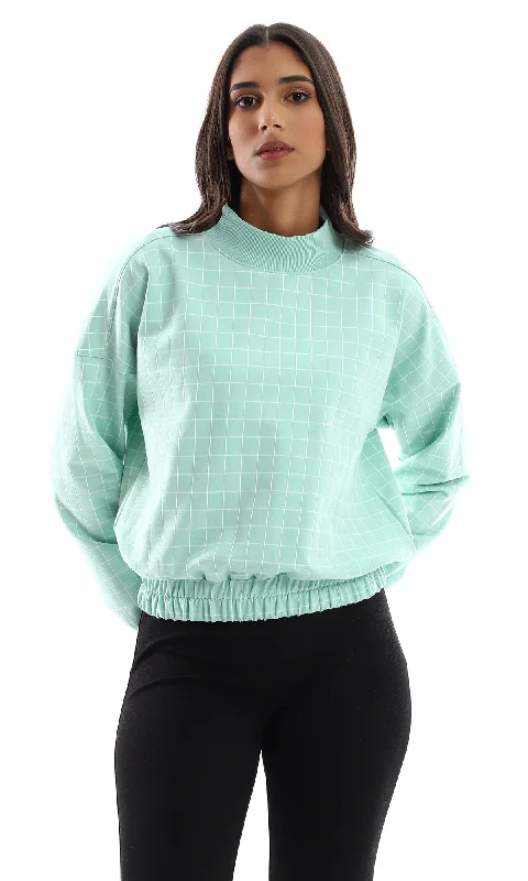 O155701 Mint Green Cropped Fleece Plaids Sweatshirt