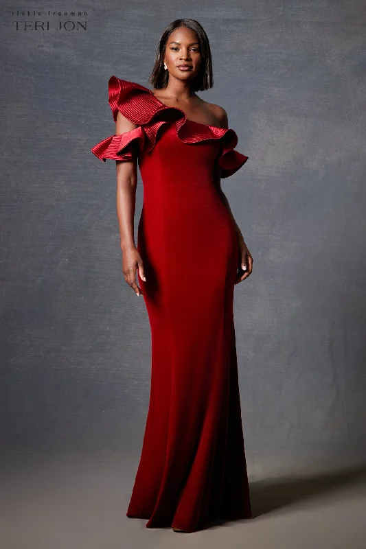 Savings Galore Velvet Trapunto Ruffle Asymmetrical Gown