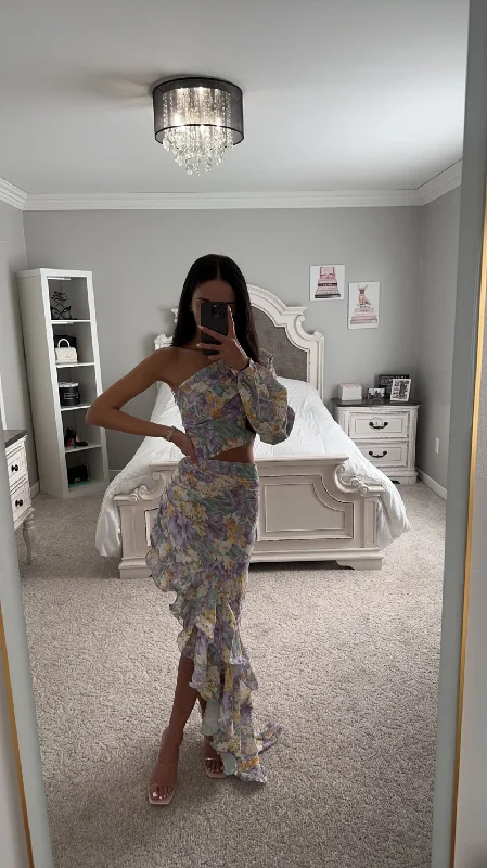 Massive Deals FLORAL ONE SHOULDER RUFFLE HEM MAXI DRESS