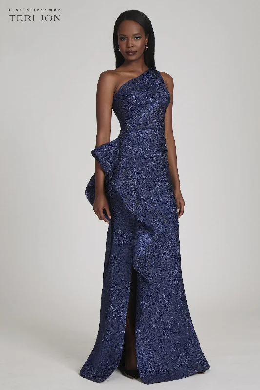 Mega Sale Jacquard One Shoulder Side Ruffle Gown