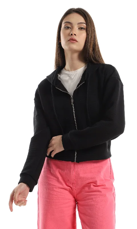 O162742 Zipper Hooded Ribbed Black Sweatshirt