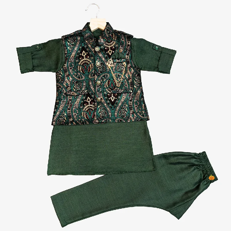 Price Rollback Green Printed Boys Kurta Pajama with Jacket