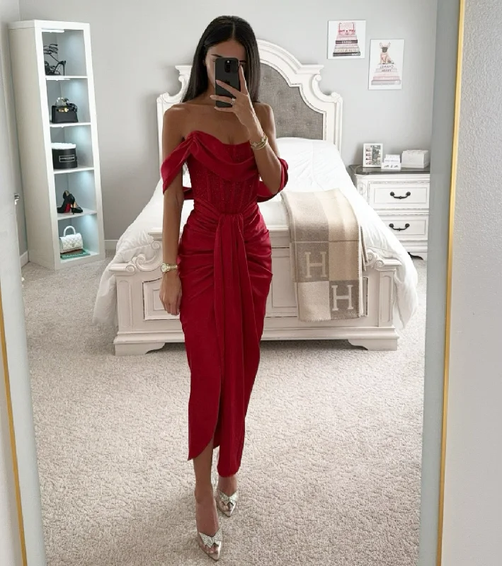 Deal Zone BURGUNDY OFF SHOULDER CRYSTAL MIDI DRESS