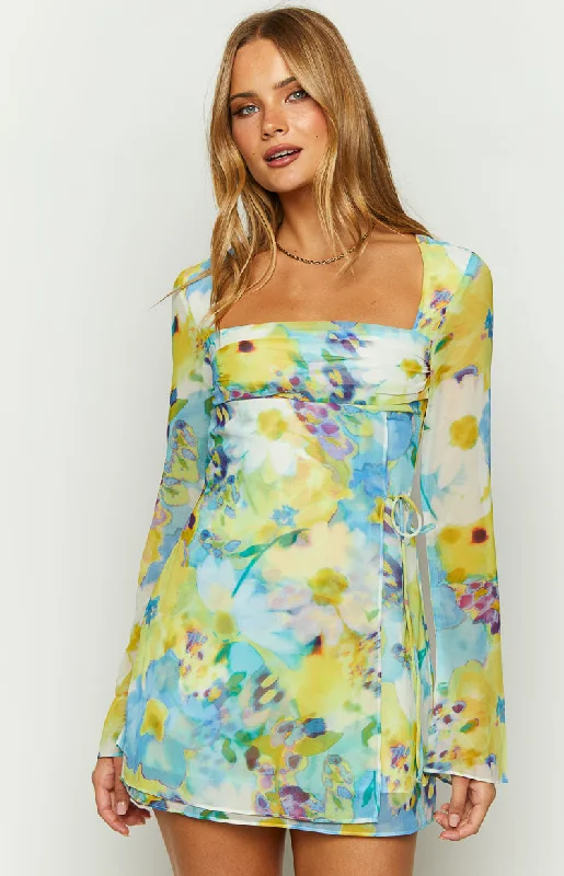 Flash Deals Lucy Blue Floral Long Sleeve Mini Dress