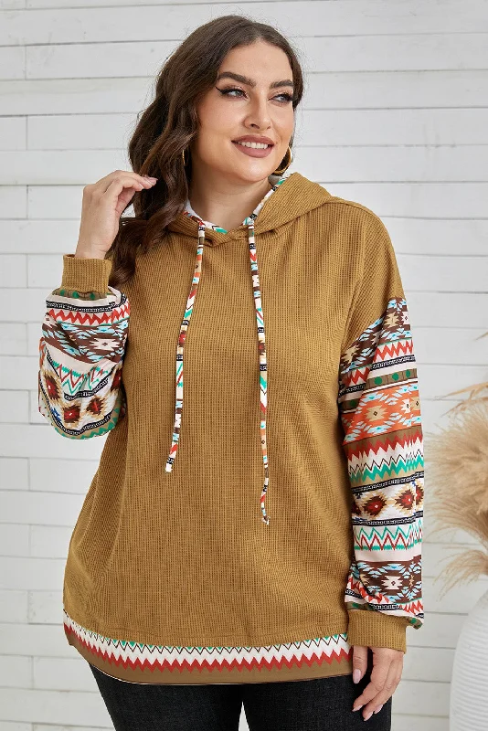 Super Sale Plus Size Printed Side Slit Waffle-Knit Hoodie