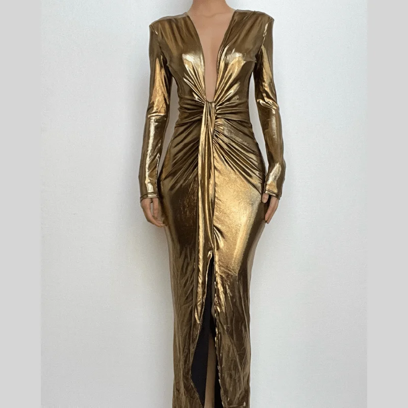 Lowest Price BerryBetty - Ruched textured long sleeve v neck knotted maxi dress