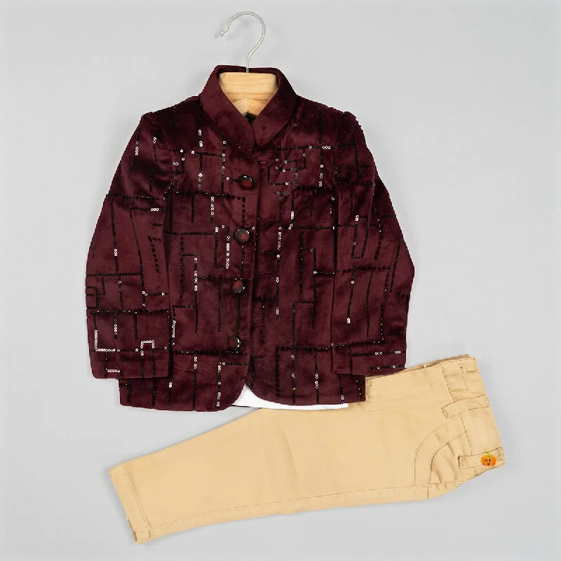 Instant Discount Wine Sequin Jodhpuri Suit for Boys