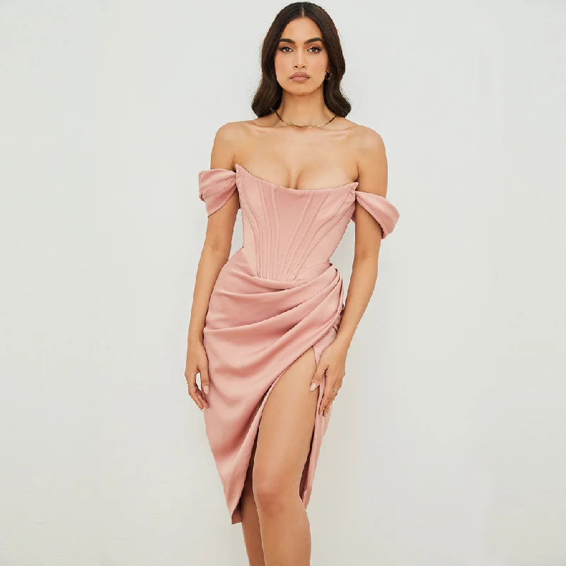 Instant Discount BerryBetty - Off Shoulder Draped Corset Cocktail Midi Dress - Pink