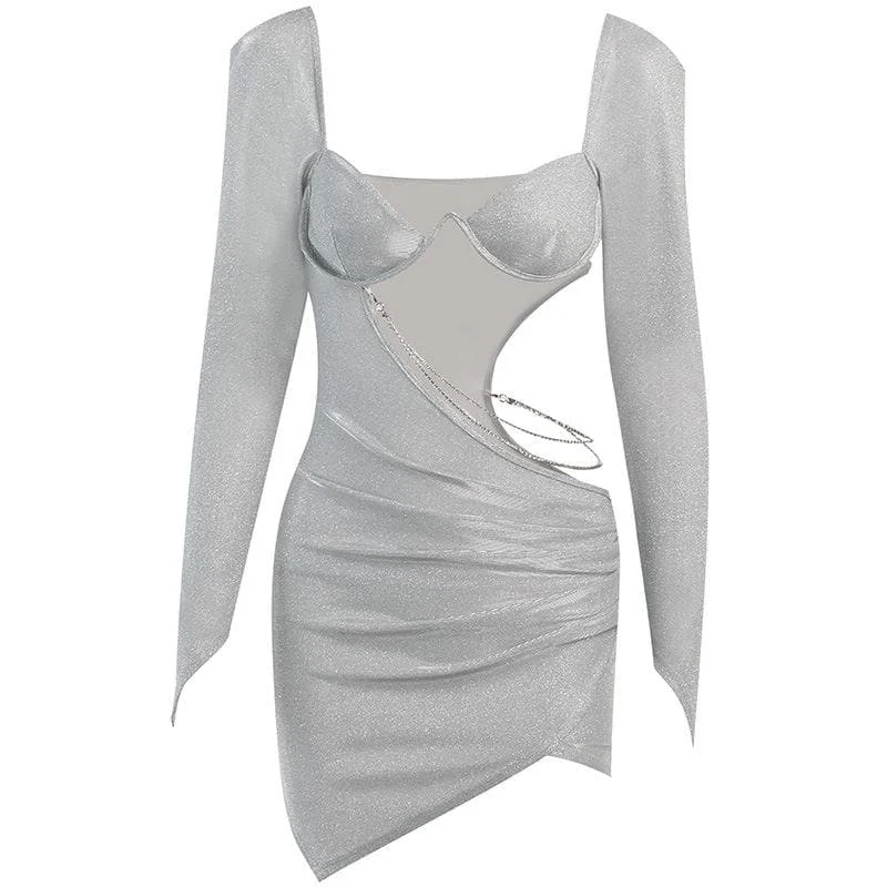 Special Offer BerryBetty - Ruched solid long sleeve low cut hollow out mini dress