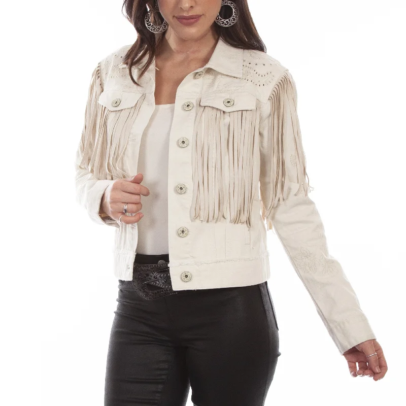 Shop and Save Scully Ladies Fringe Off White Jean Jacket HC687-OFW