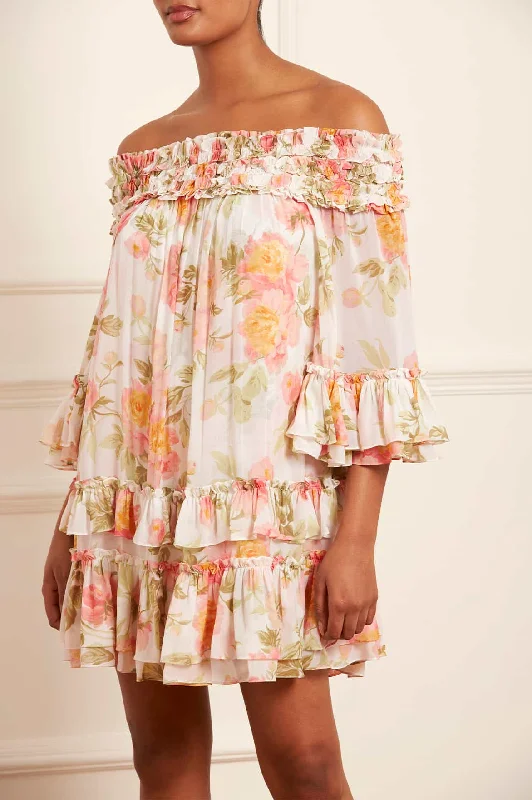 Final Sale Peony Promise Chiffon Off-Shoulder Tiered Micro Mini Dress