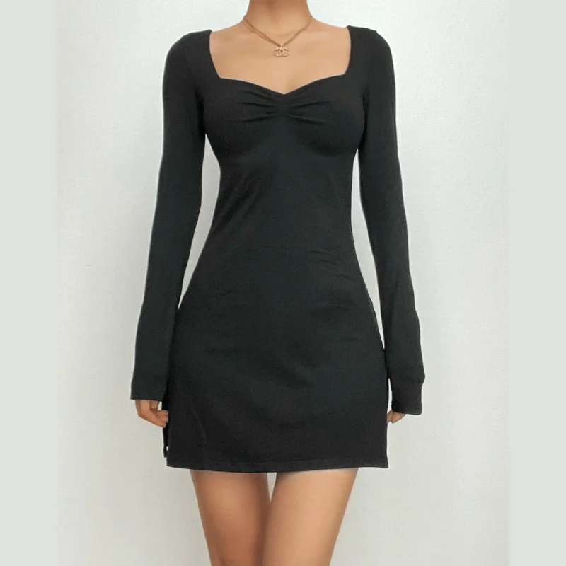 Special Price BerryBetty - Square neck solid ruched long sleeve mini dress