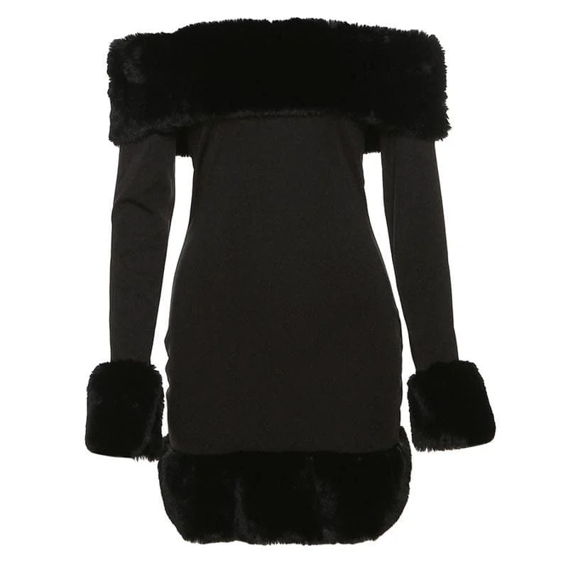 New Arrival BerryBetty - Fluffy patchwork solid off shoulder long sleeve mini dress