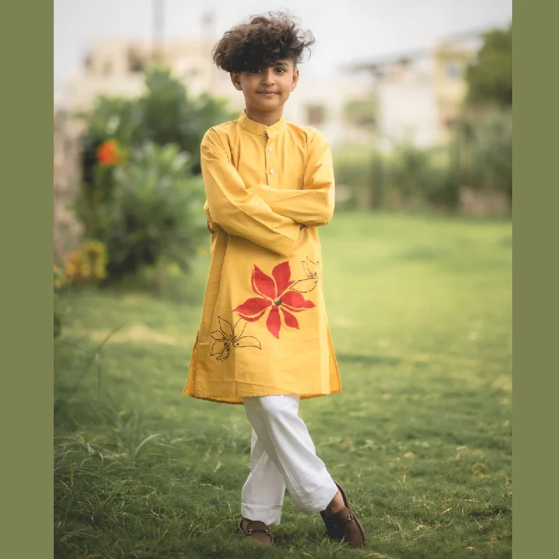 Price Rollback Mustard Floral Print Kurta Pajama for Boys