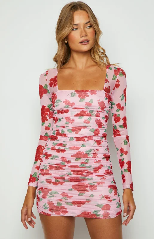 Weekend Flash Sale Estee Pink Print Long Sleeve Mesh Mini Party Dress